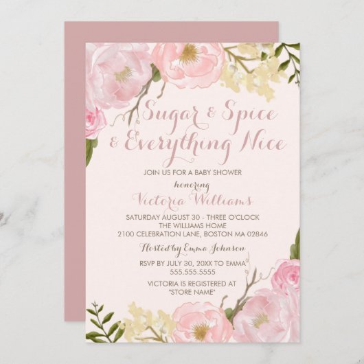 Botanische Sugar & Spice Girl Baby shower Uitnodig Kaart (Voorkant / Achterkant)