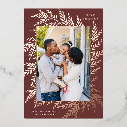 Botanische Thanksgiving Foto Bourgogne Roos Gold Folie Feestdagenkaart (Voorkant)