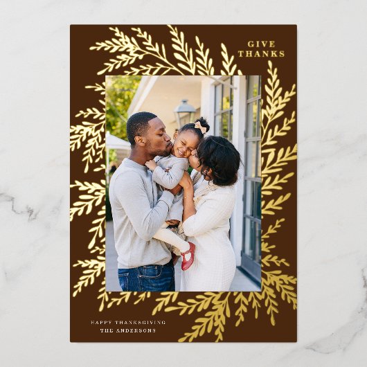 Botanische Thanksgiving foto bruin goud Folie Feestdagenkaart (Voorkant)