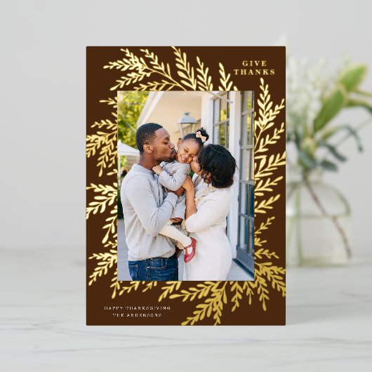 Botanische Thanksgiving foto bruin goud Folie Feestdagenkaart (Staand Voorkant)
