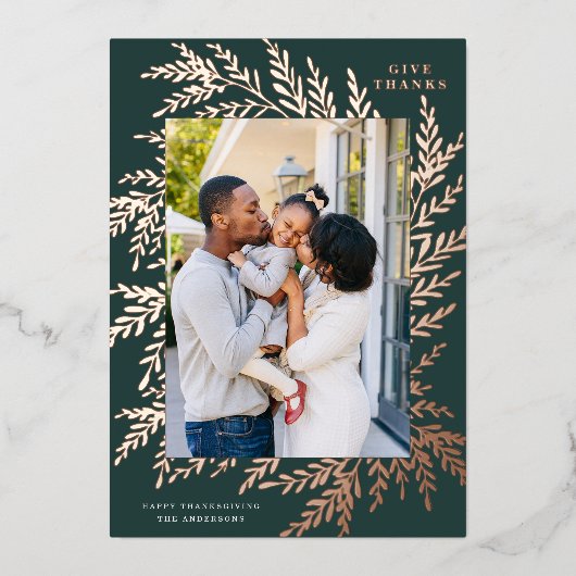 Botanische Thanksgiving Foto groen Roos goud Folie Feestdagenkaart (Voorkant)