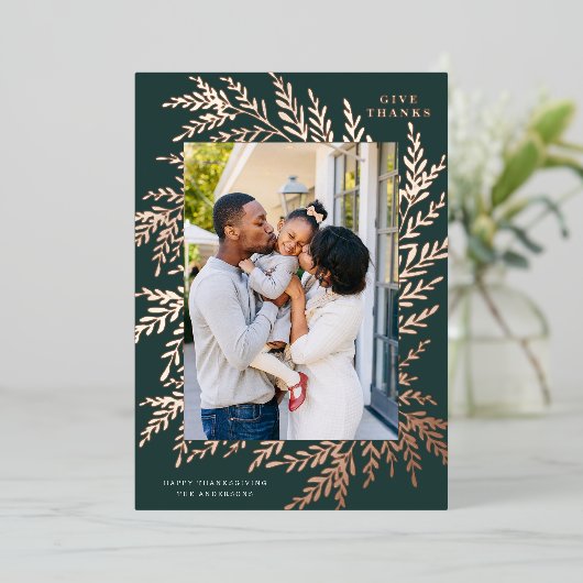 Botanische Thanksgiving Foto groen Roos goud Folie Feestdagenkaart (Staand Voorkant)