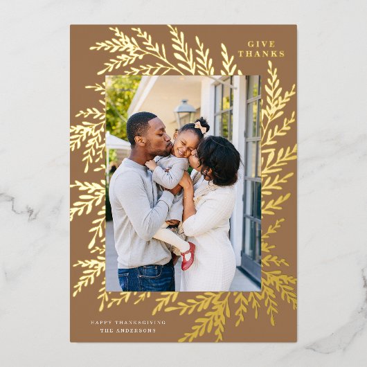 Botanische Thanksgiving Foto Tarwe Goud Folie Feestdagenkaart (Voorkant)