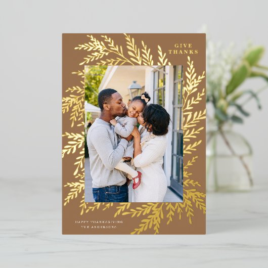 Botanische Thanksgiving Foto Tarwe Goud Folie Feestdagenkaart (Staand Voorkant)