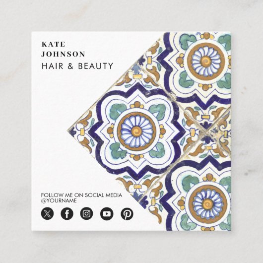  Botanische Tiles QR Code Social Media Icons Vierkante Visitekaartje (Voorkant)