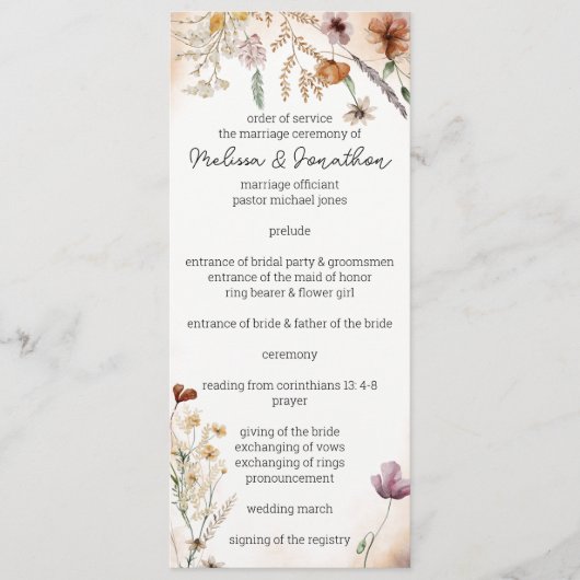  botanische tiny Floral Wedding Programmakaart (Voorkant)