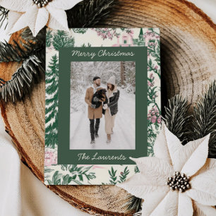 Botanische toile groene kerst fotokaart feestdagenkaart