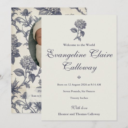 Botanische Toile Hydrangea & Zee Holly Foto Geboor Aankondiging (Voorkant / Achterkant)