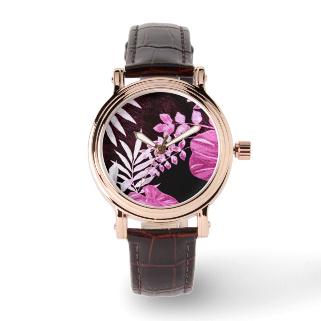 Botanische tropische bladeren Palmschijfjes roze Horloge (Voorkant)