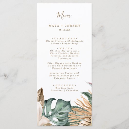 Botanische Tropische Bloem Goud Mauve Bruiloft Menu (Voorkant)
