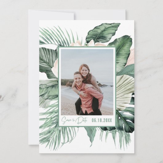 Botanische tropische bruiloft foto slaat de datum  save the date (Voorkant)
