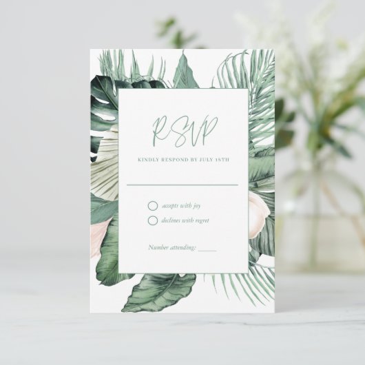 Botanische tropische bruiloft RSVP (Staand voorkant)