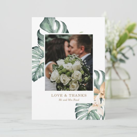 Botanische tropische Floral Gold Mauve Weddenschap Bedankkaart (Staand voorkant)