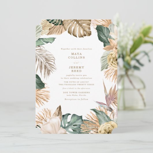 Botanische tropische Floral Gold Mauve Weddenschap Kaart (Staand voorkant)