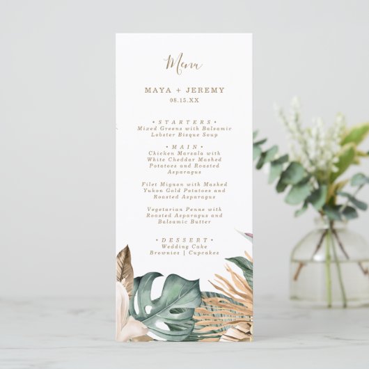 Botanische tropische Floral Gold Mauve Weddenschap Menu (Staand voorkant)