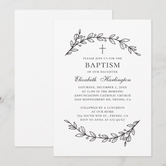 Botanische tuin. Elegant zwart-wit baptisme Kaart (Voorkant / Achterkant)