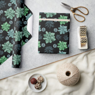 Botanische Tuin Groene Bloemen Patroon op Zwart Cadeaupapier