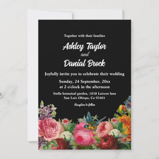 Botanische tuin Rustische Rozen Zwarte Floral Wedd Kaart (Voorkant)