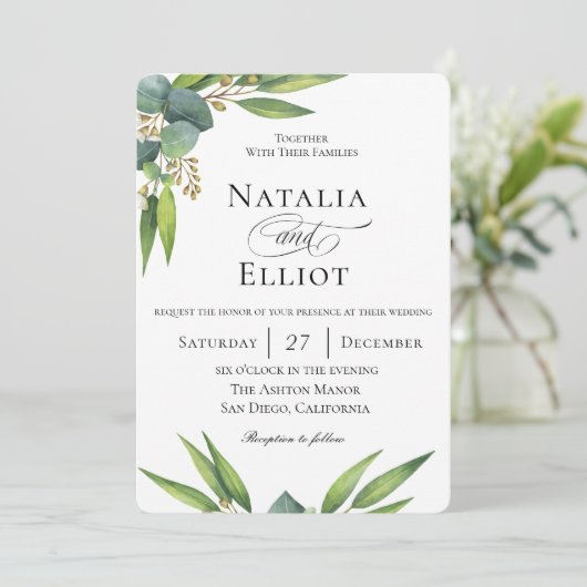 Botanische uitnodiging voor een Eucalyptusbruiloft (Staand voorkant)