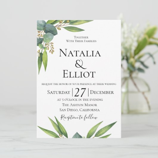 Botanische uitnodiging voor een Eucalyptusbruiloft (Staand voorkant)