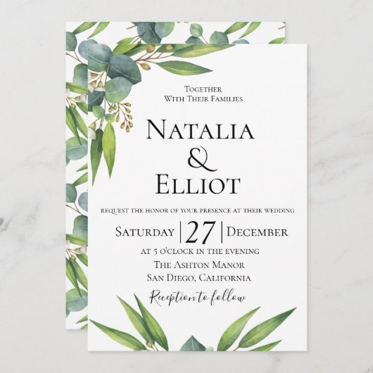 Botanische uitnodiging voor een Eucalyptusbruiloft (Voorkant / Achterkant)