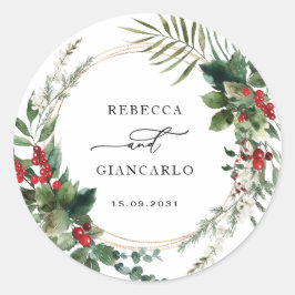 Botanische Vakantie Groene Rood Bessen Bruiloft Ronde Sticker
