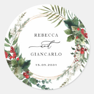 Botanische Vakantie Groene Rood Bessen Bruiloft Ronde Sticker