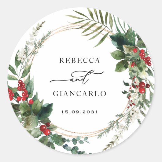 Botanische Vakantie Groene Rood Bessen Bruiloft Ronde Sticker (Voorkant)
