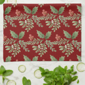 Botanische vakantie Red Holly Berries Greenery Theedoek (Gevouwen)