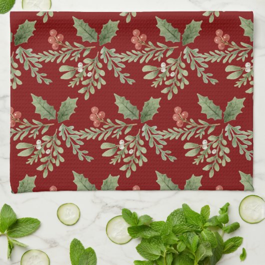 Botanische vakantie Red Holly Berries Greenery Theedoek (Gevouwen)
