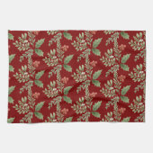 Botanische vakantie Red Holly Berries Greenery Theedoek (Horizontaal)