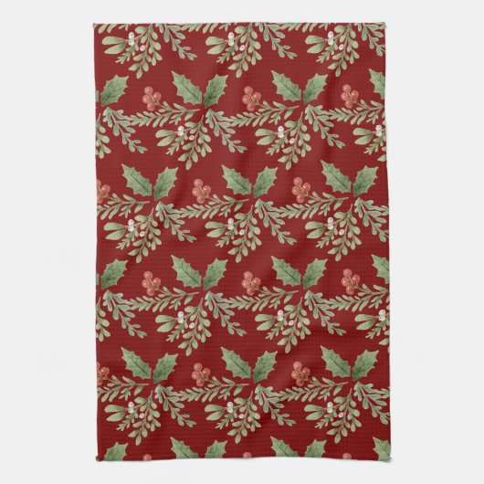 Botanische vakantie Red Holly Berries Greenery Theedoek (Verticaal)