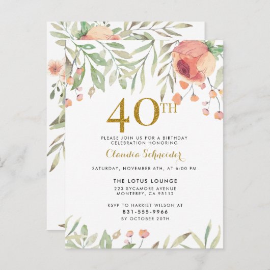 Botanische verf en goudglitter 40e verjaardag uitnodiging briefkaart (Voorkant / Achterkant)