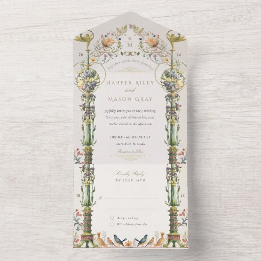 Botanische Victoriaans Bliss Bruiloft Geperforeerd All In One Uitnodiging (Binnen)