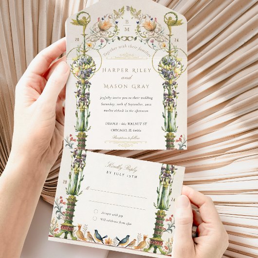 Botanische Victoriaans Bliss Bruiloft Geperforeerd All In One Uitnodiging