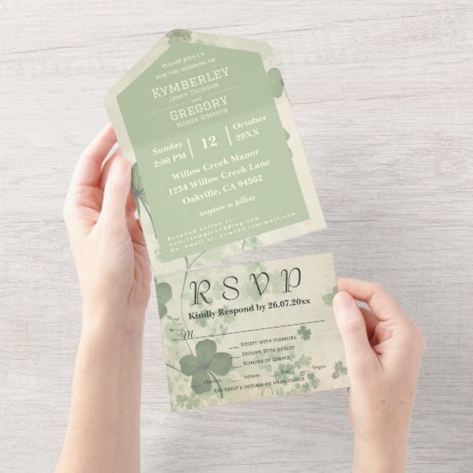 Botanische vier blad klaver groen chartreuse e-mai all in one uitnodiging (Afscheurbaar)