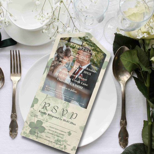 Botanische vier blad klaver groen chartreuse foto all in one uitnodiging