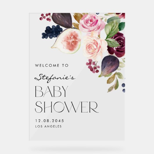 Botanische vijgen en Bourgondische bloemen Baby sh Acryl Bord (Voorkant)