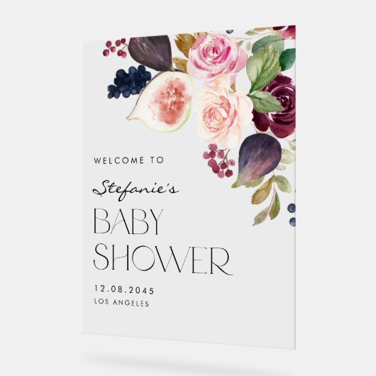 Botanische vijgen en Bourgondische bloemen Baby sh Acryl Bord (Hoek)