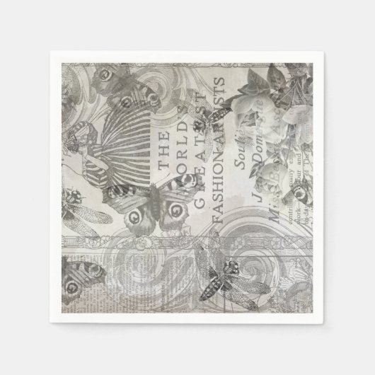 Botanische Vintag Vlinderschrift Zwart-wit Servet (Voorkant)