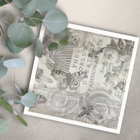Botanische vintage vlinder script zwart en wit servet