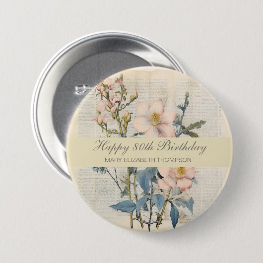 Botanische Vintaqe Wildflower 80e verjaardag Ronde Button 7,6 Cm (Voorkant /achterkant)