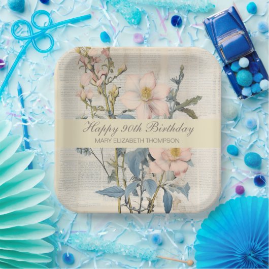 Botanische Vintaqe Wildflower 90e verjaardag Papieren Bordje (Feest)