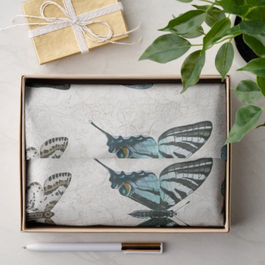 Botanische vlinder  blauw in witte ontkoppeling tissuepapier (Geschenk)