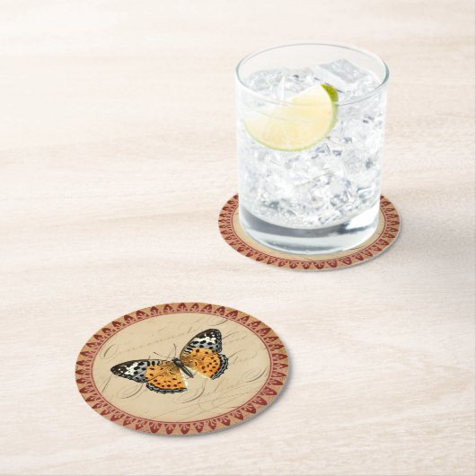  botanische vlinder met Bourgondische accenten Ronde Kartonnen Onderzetter (Insitu)