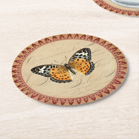  botanische vlinder met Bourgondische accenten Ronde Kartonnen Onderzetter (Gebogen)