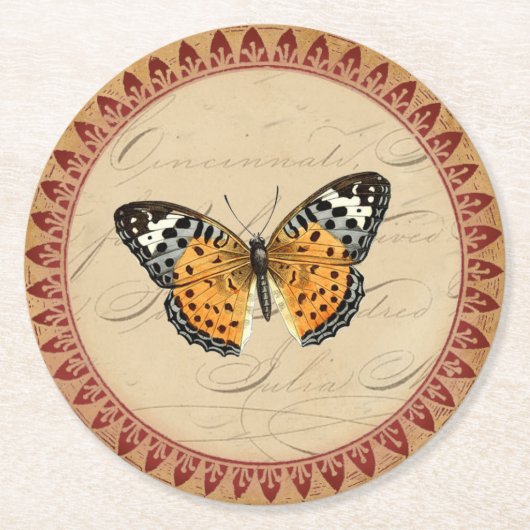  botanische vlinder met Bourgondische accenten Ronde Kartonnen Onderzetter (Voorkant)