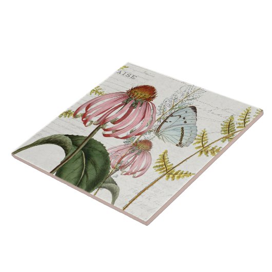 Botanische Vlinder Roze Wildflower Varen  3 Tegeltje (Zijkant)