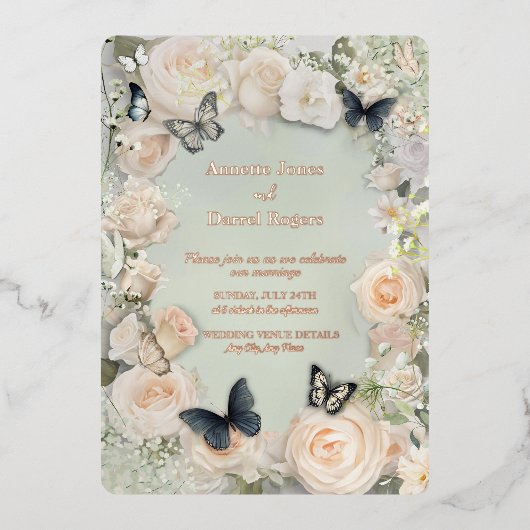  Botanische Vlinder Wijze bruiloft Folie Uitnodiging (Voorkant)