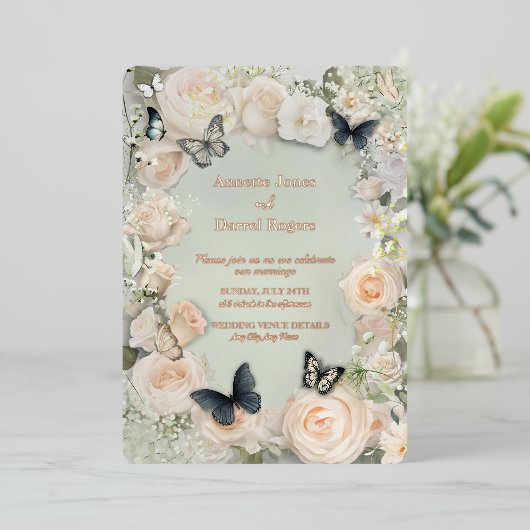  Botanische Vlinder Wijze bruiloft Folie Uitnodiging (Staand Voorkant)